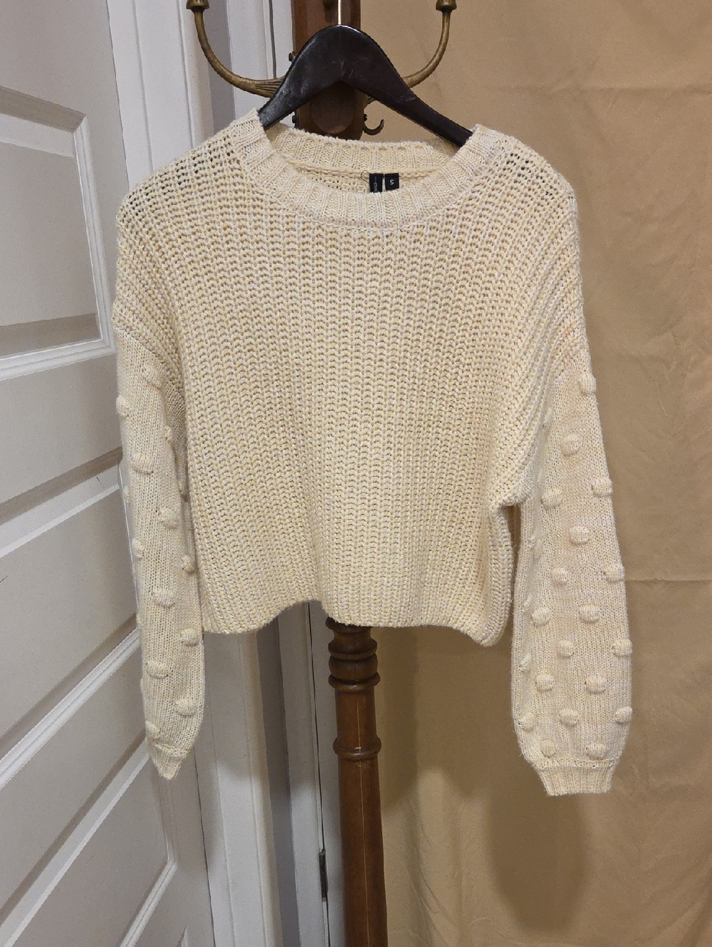 moon & madison Cream Textured Bobble Sleeve Crew Sweater